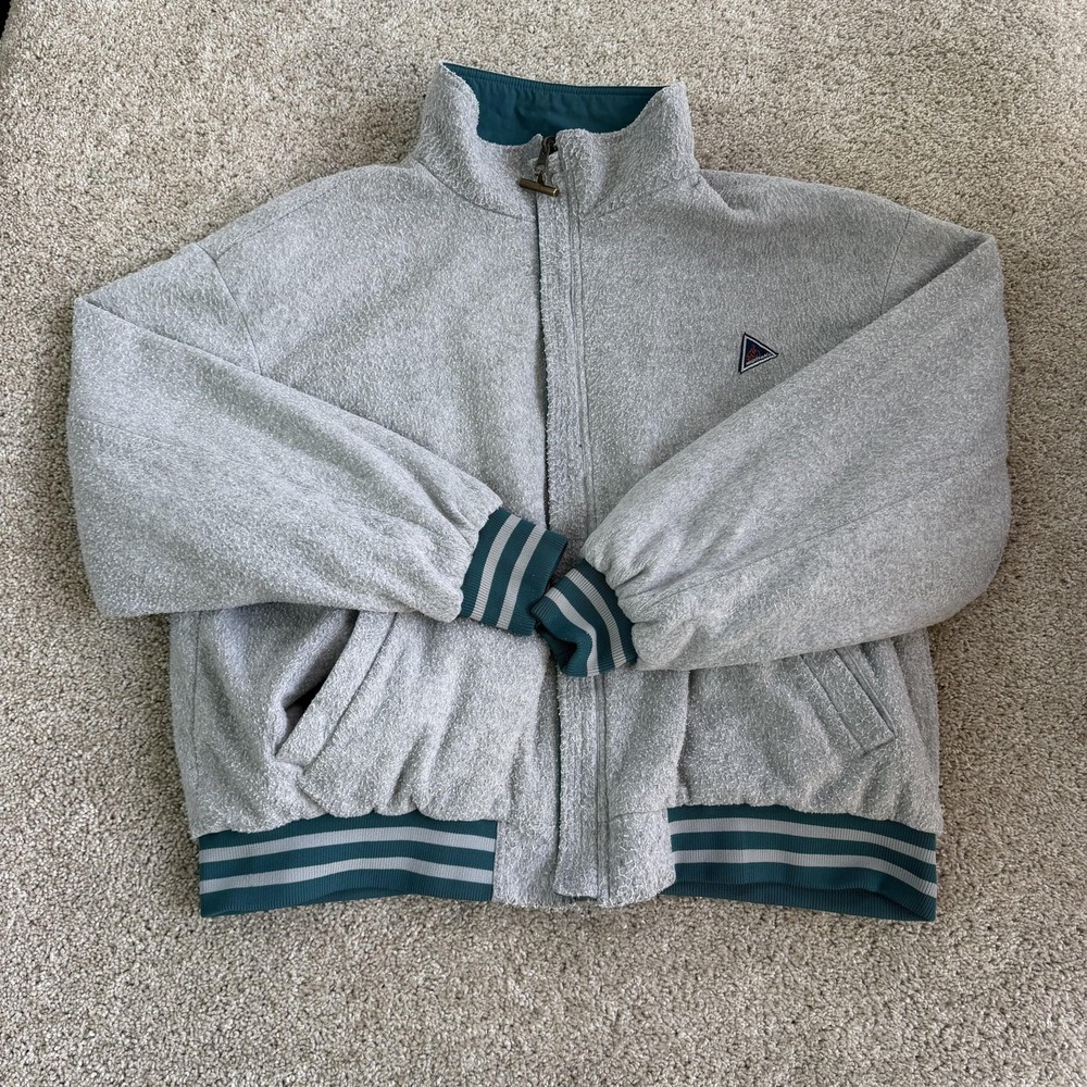 Vintage Mighty Mac Jacket Mens 2XL Gray Reversible Fleece Nylon Bomber Lined